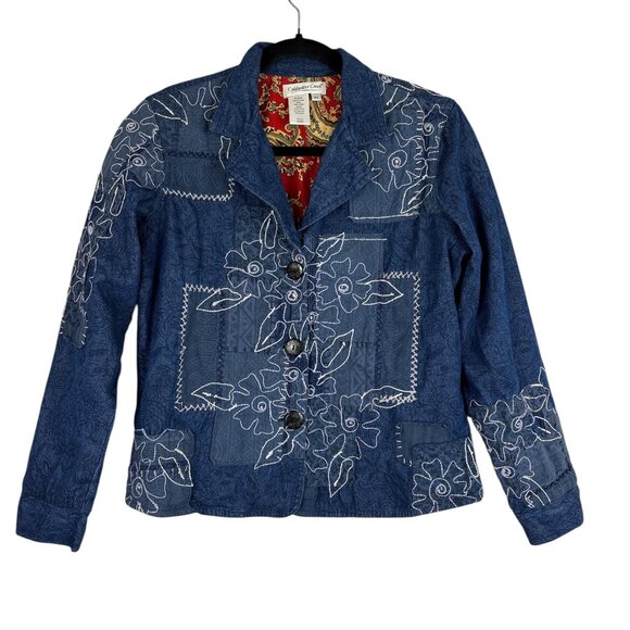 Coldwater Creek Denim Jacket Women’s PS Blue Floral Embroidered Patchwork Boho - Picture 1 of 16